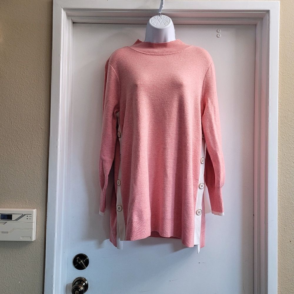 Chicos Side Button Tunic Sweater Contrasting Trim Pink Size 2 | L